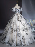 Elegant Printing Floor Length Prom Dresses, Off the Shoulder Puffy Short Sleeve Backless Formal Dresses HZ0429