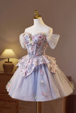 Light Purple Tulle Floral Short Prom Dress, Beautiful A-Line Evening Party Dress HZ0429