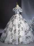 Elegant Printing Floor Length Prom Dresses, Off the Shoulder Puffy Short Sleeve Backless Formal Dresses HZ0429