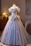 Light Purple Tulle Floral Long Prom Dress, Beautiful A-Line Evening Party Dress HZ0429