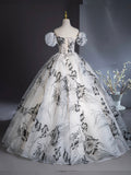 Elegant Printing Floor Length Prom Dresses, Off the Shoulder Puffy Short Sleeve Backless Formal Dresses HZ0429