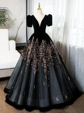 Black V-Neck Velvet and Sequins Long Prom Dress, A-Line Short Sleeve Formal Dress HZ0429