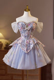 Light Purple Tulle Floral Short Prom Dress, Beautiful A-Line Evening Party Dress HZ0429