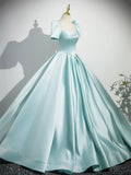 Blue Satin Long Prom Dress, Elegant Short Sleeve Evening Party Gown HZ0429