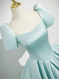Blue Satin Long Prom Dress, Elegant Short Sleeve Evening Party Gown HZ0429