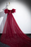 Burgundy Tulle Sequins Long Prom Dress, Elegant Evening Dress with Detachable Skirt HZ0429