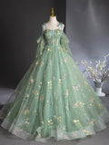 Green Floral Tulle Long Prom Dress, Beautiful A-Line Evening Formal Dress HZ0429