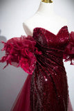 Burgundy Tulle Sequins Long Prom Dress, Elegant Evening Dress with Detachable Skirt HZ0429