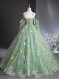Green Floral Tulle Long Prom Dress, Beautiful A-Line Evening Formal Dress HZ0429