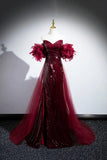 Burgundy Tulle Sequins Long Prom Dress, Elegant Evening Dress with Detachable Skirt HZ0429