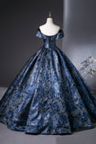 Blue Printed Pattern Long Prom Dress, Elegant A-Line Evening Party Dress HZ0429