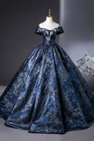 Blue Printed Pattern Long Prom Dress, Elegant A-Line Evening Party Dress HZ0429