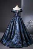 Blue Printed Pattern Long Prom Dress, Elegant A-Line Evening Party Dress HZ0429