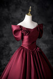 Burgundy Satin Floor Length Prom Dress, Off the Shoulder Party Dress HZ0429