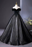 Black Velvet and Tulle Long Formal Dress, A-Line Off the Shoulder Prom Party Dress HZ0429