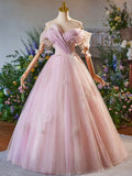 Pink Tulle Floor Length Prom Dress, Beautiful A-Line Off the Shoulder Evening Party Dress HZ0429