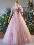 Pink Tulle Floor Length Prom Dress, Beautiful A-Line Off the Shoulder Evening Party Dress HZ0429