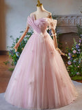 Pink Tulle Floor Length Prom Dress, Beautiful A-Line Off the Shoulder Evening Party Dress HZ0429
