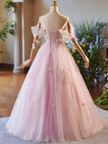 Pink Tulle Floor Length Prom Dress, Beautiful A-Line Off the Shoulder Evening Party Dress HZ0429