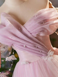 Pink Tulle Floor Length Prom Dress, Beautiful A-Line Off the Shoulder Evening Party Dress HZ0429