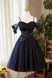 Black Tulle Flowers Short Prom Dress, Black A-line Evening Party Dress HZ0429