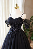 Black Tulle Flowers Short Prom Dress, Black A-line Evening Party Dress HZ0429