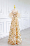 Champagne Tulle Floral Long Prom Dress, Beautiful Off the Shoulder Party Dress HZ0429