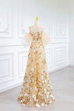 Champagne Tulle Floral Long Prom Dress, Beautiful Off the Shoulder Party Dress HZ0429