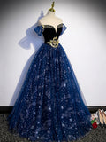 Blue Tulle Floor Length Prom Dress with Beaded, Off the Shoulder Evening Party Dress HZ0429