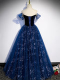 Blue Tulle Floor Length Prom Dress with Beaded, Off the Shoulder Evening Party Dress HZ0429
