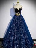 Blue Tulle Floor Length Prom Dress with Beaded, Off the Shoulder Evening Party Dress HZ0429