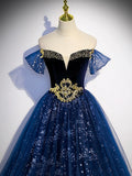 Blue Tulle Floor Length Prom Dress with Beaded, Off the Shoulder Evening Party Dress HZ0429