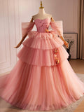 Pink Sweetheart Neck Tulle Long Ball Gown, Beautiful A-Line Evening Party Gown HZ0429