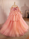 Pink Sweetheart Neck Tulle Long Ball Gown, Beautiful A-Line Evening Party Gown HZ0429