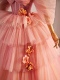 Pink Sweetheart Neck Tulle Long Ball Gown, Beautiful A-Line Evening Party Gown HZ0429