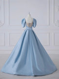Blue Satin Long Prom Dress, Beautiful A-Line Short Sleeve Evening Party Dress HZ0429