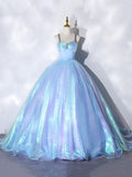 Beautiful  Shiny Blue Tulle Long Formal Dress, A-Line Spaghetti Strap Sweetheart Princess Dress HZ0429