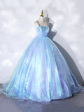 Beautiful  Shiny Blue Tulle Long Formal Dress, A-Line Spaghetti Strap Sweetheart Princess Dress HZ0429