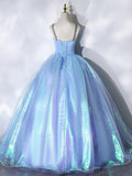 Beautiful  Shiny Blue Tulle Long Formal Dress, A-Line Spaghetti Strap Sweetheart Princess Dress HZ0429