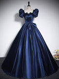 Elegant Blue Satin Floor-Length Prom Dresses, Square Neckline Puffy Short Sleeve Bow Formal Dresses HZ0429