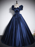 Elegant Blue Satin Floor-Length Prom Dresses, Square Neckline Puffy Short Sleeve Bow Formal Dresses HZ0429