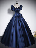 Elegant Blue Satin Floor-Length Prom Dresses, Square Neckline Puffy Short Sleeve Bow Formal Dresses HZ0429
