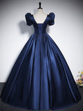 Elegant Blue Satin Floor-Length Prom Dresses, Square Neckline Puffy Short Sleeve Bow Formal Dresses HZ0429