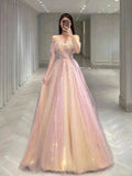 Shiny Sequins Tulle Long Prom Dress, A-Line Off the Shoulder Evening Party Dress HZ0429
