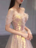 Shiny Sequins Tulle Long Prom Dress, A-Line Off the Shoulder Evening Party Dress HZ0429