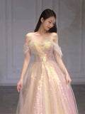 Shiny Sequins Tulle Long Prom Dress, A-Line Off the Shoulder Evening Party Dress HZ0429