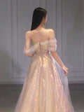 Shiny Sequins Tulle Long Prom Dress, A-Line Off the Shoulder Evening Party Dress HZ0429