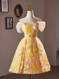 Yellow Floral Sequins Knee Length Prom Dress, Off the Shoulder Evening Party Dress HZ0429