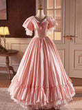Pink Satin Lace Long Prom Dress, Beautiful A-Line V-Neck Evening Dress HZ0429