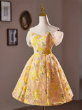 Yellow Floral Sequins Knee Length Prom Dress, Off the Shoulder Evening Party Dress HZ0429